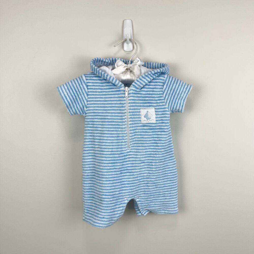 Kissy Kissy Blue Terry Striped Hooded Beach Cover Up Romper 0-3 Months